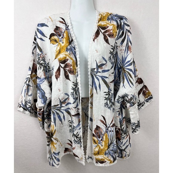 Linen Francesca Bettini Womens Tropical Print Open Front Kimono Cardigan NWT OS - Picture 1 of 11
